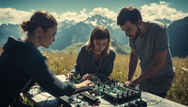 hackers, male and female, surrounded by swiss mountains playing with CMOS oscillators and programming assembler. and LED strips
