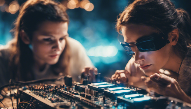 hackers, male and female, surrounded by swiss mountains playing with CMOS oscillators and programming assembler. and LED strips
